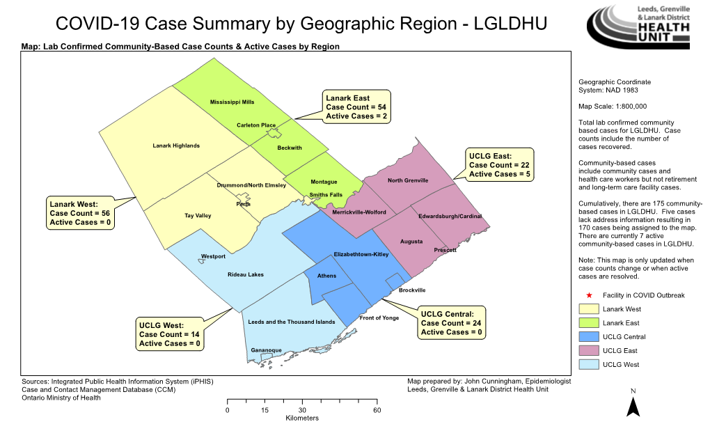 COVID-19 Case Summary by Geographic Region - LGLDHU Map: Lab Confirmed Community-Based Case Counts & Active Cases by Region