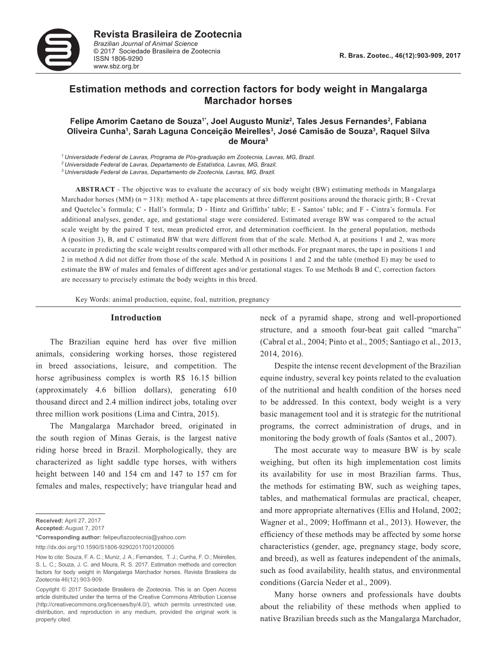 Estimation Methods and Correction Factors for Body Weight in Mangalarga Marchador Horses