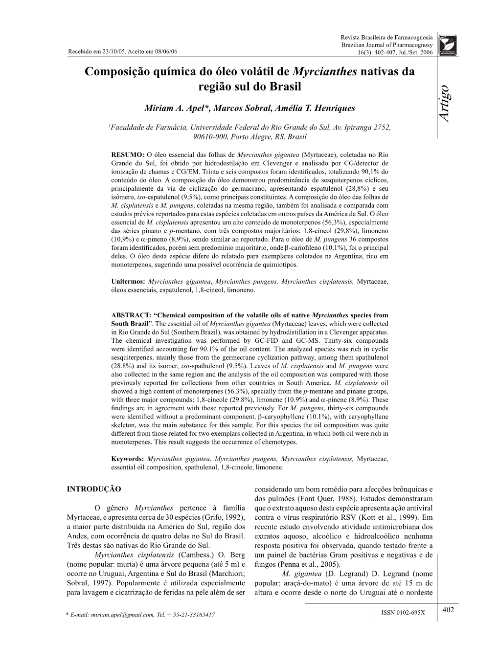 Composição Química Do Óleo Volátil De Myrcianthes Nativas Da Região Sul Do Brasil