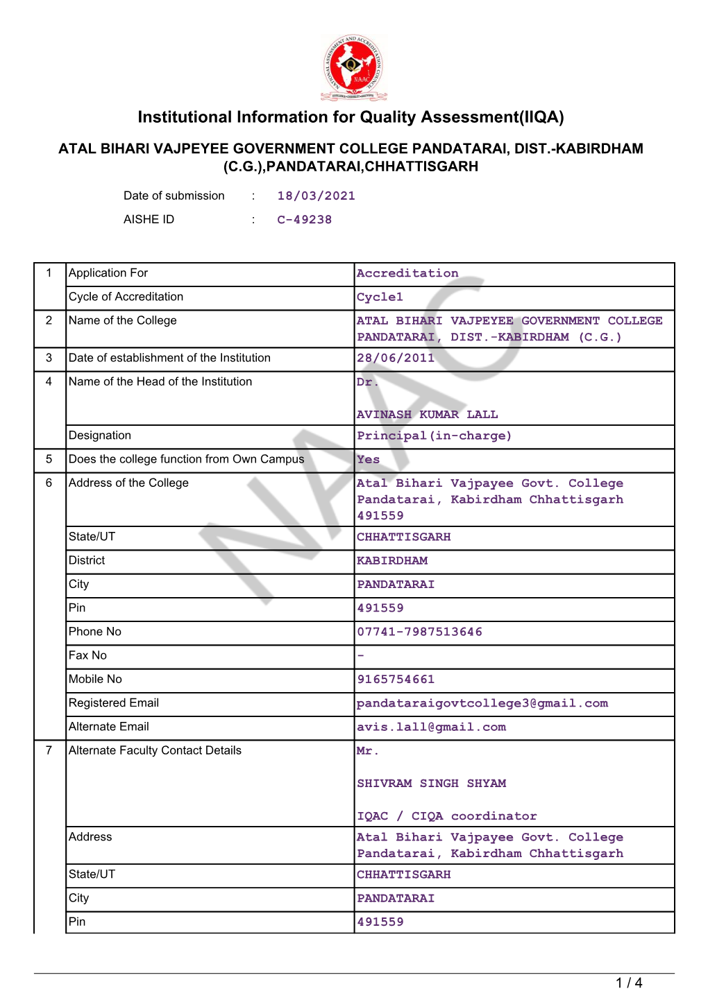 Institutional Information for Quality Assessment(IIQA)