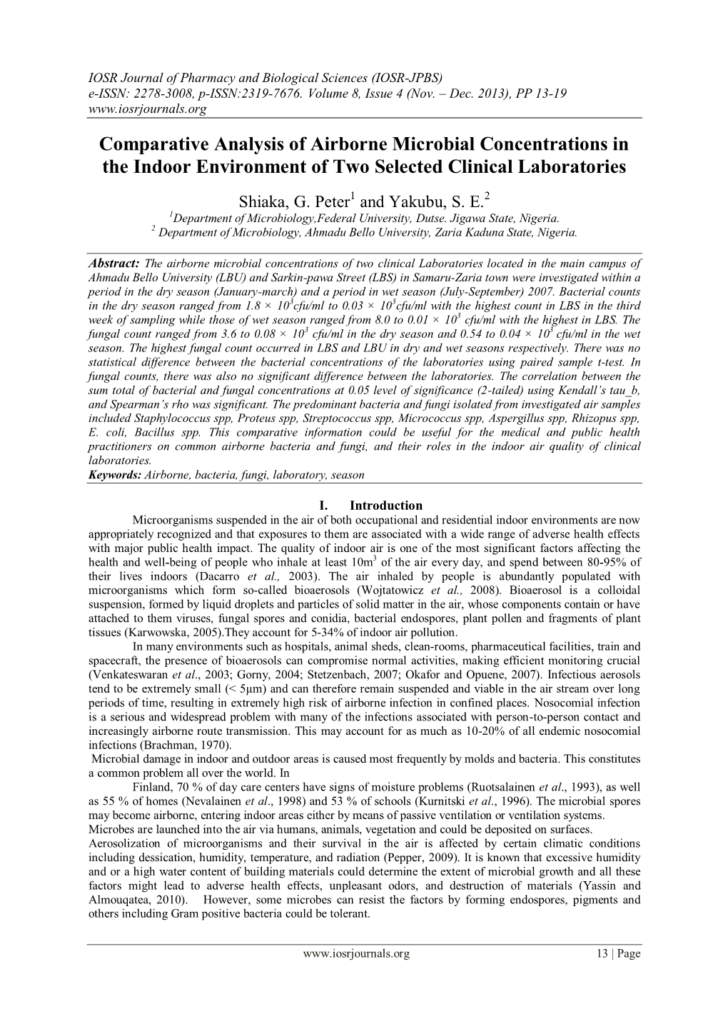 Comparative Analysis of Airborne Microbial Concentrations in the Indoor Environment of Two Selected Clinical Laboratories