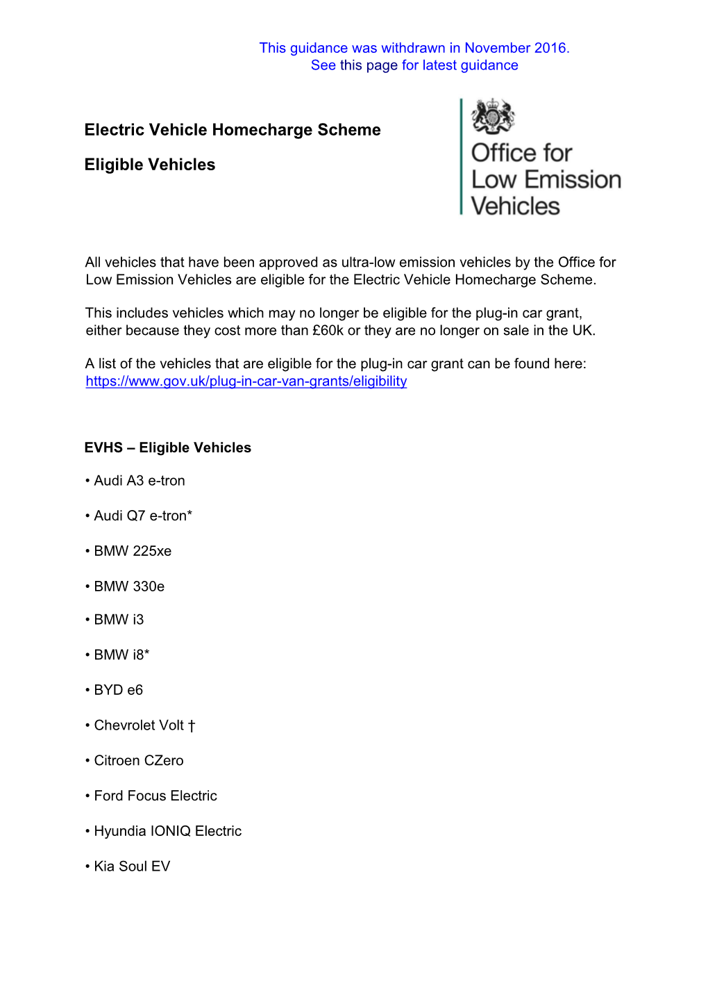 Electric Vehicle Homecharge Scheme Eligible Vehicles