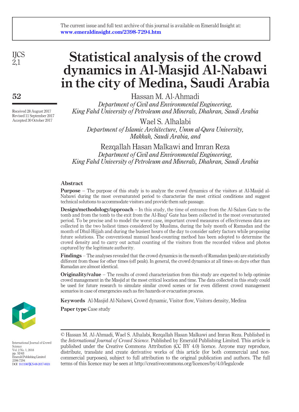 Statistical Analysis of the Crowd Dynamics in Al-Masjid Al-Nabawi in the City of Medina, Saudi Arabia 52 Hassan M