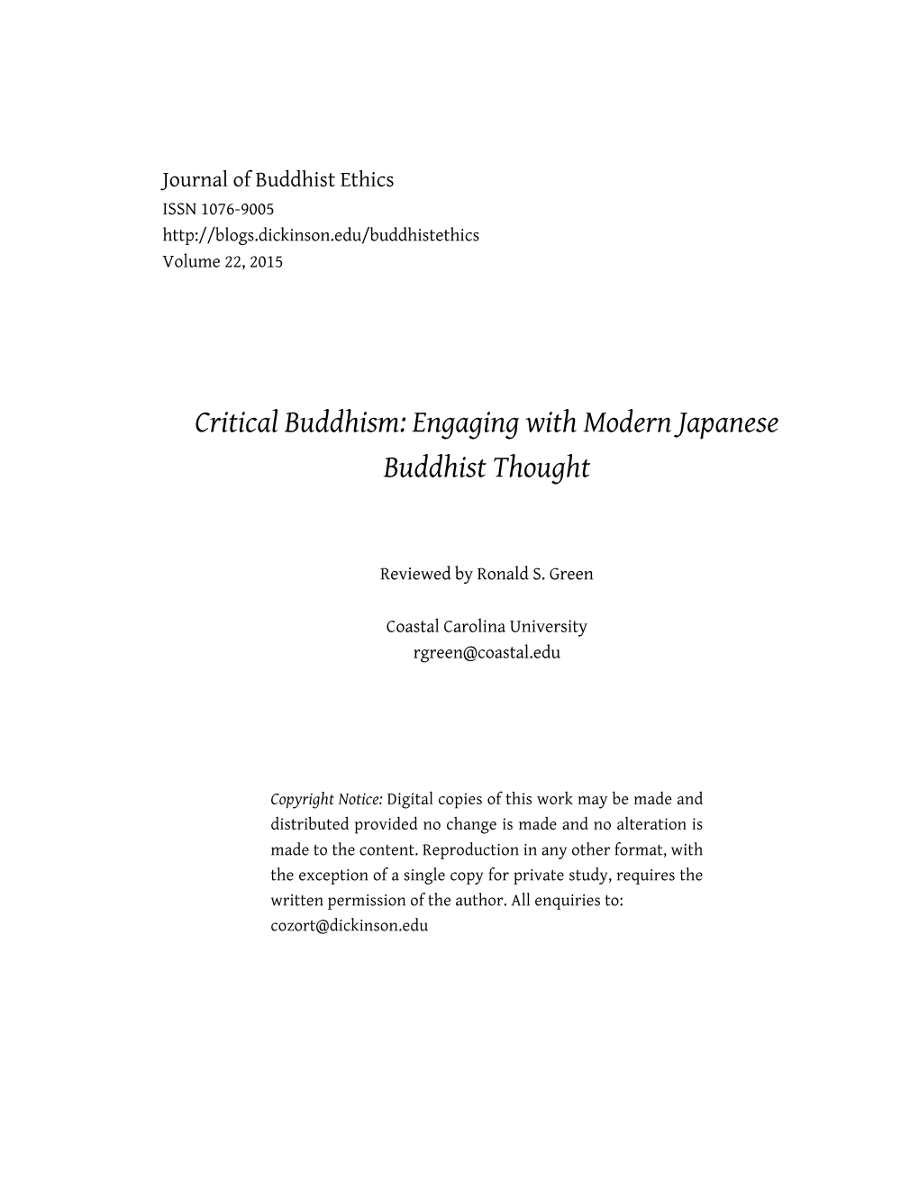 Critical Buddhism: Engaging with Modern Japanese Buddhist Thought