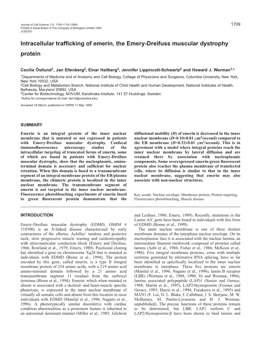 Intracellular Trafficking of Emerin, the Emery-Dreifuss Muscular Dystrophy Protein