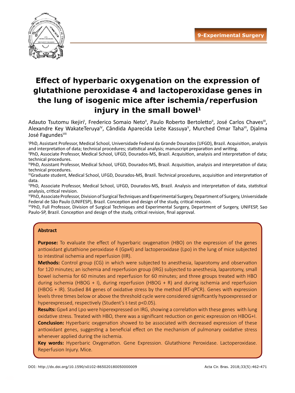 Effect of Hyperbaric Oxygenation on the Expression Of