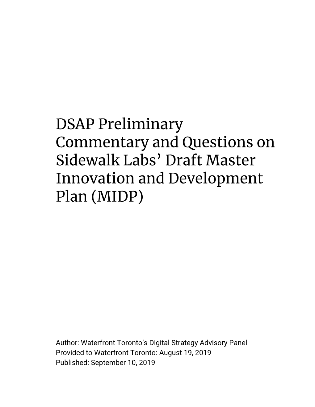DSAP Preliminary Commentary and Questions on Sidewalk Labs' Draft