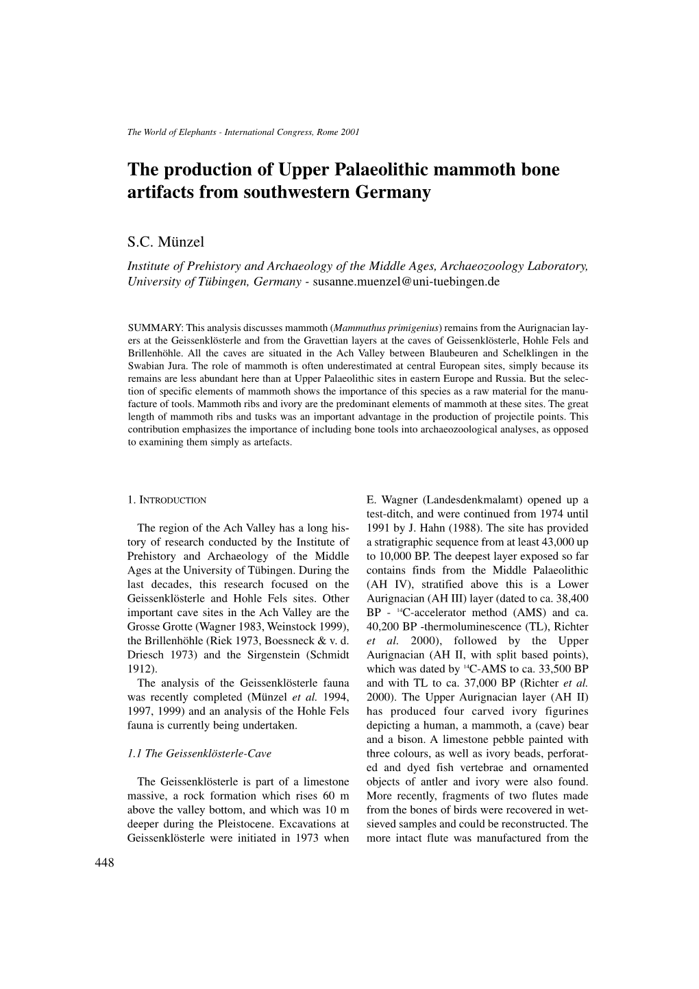 The Production of Upper Palaeolithic Mammoth Bone Artifacts from Southwestern Germany