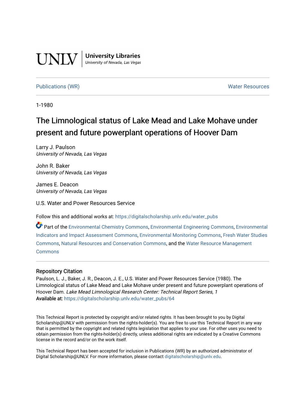 The Limnological Status of Lake Mead and Lake Mohave Under Present and Future Powerplant Operations of Hoover Dam