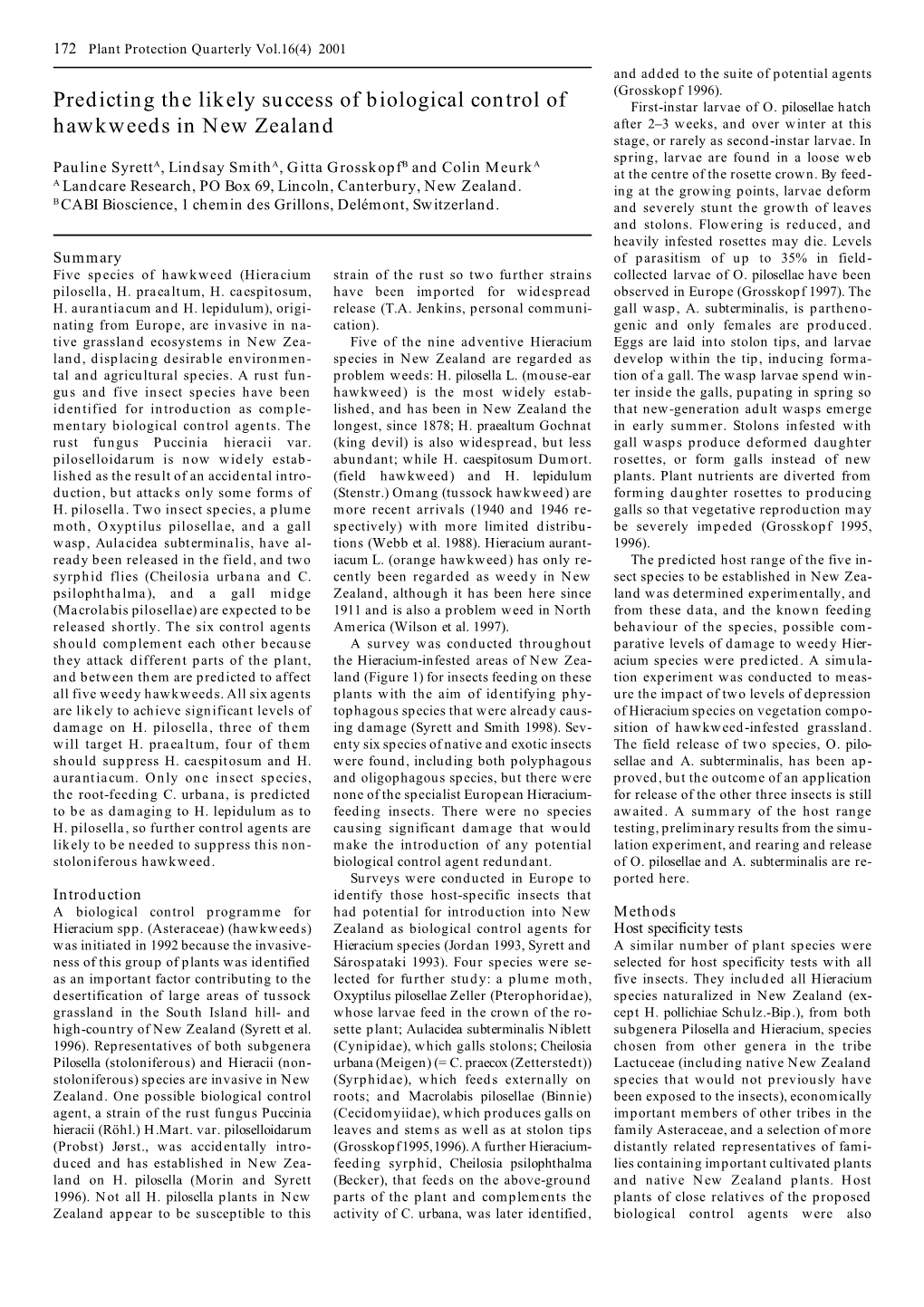 Predicting the Likely Success of Biological Control of Hawkweeds In