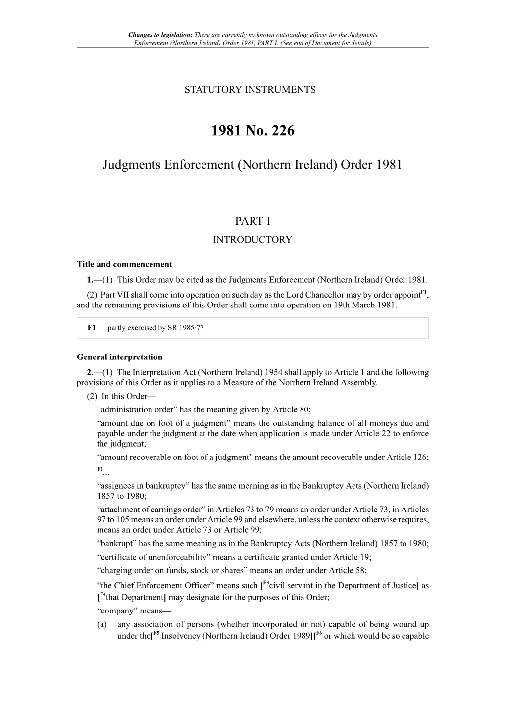 Judgments Enforcement (Northern Ireland) Order 1981, PART I