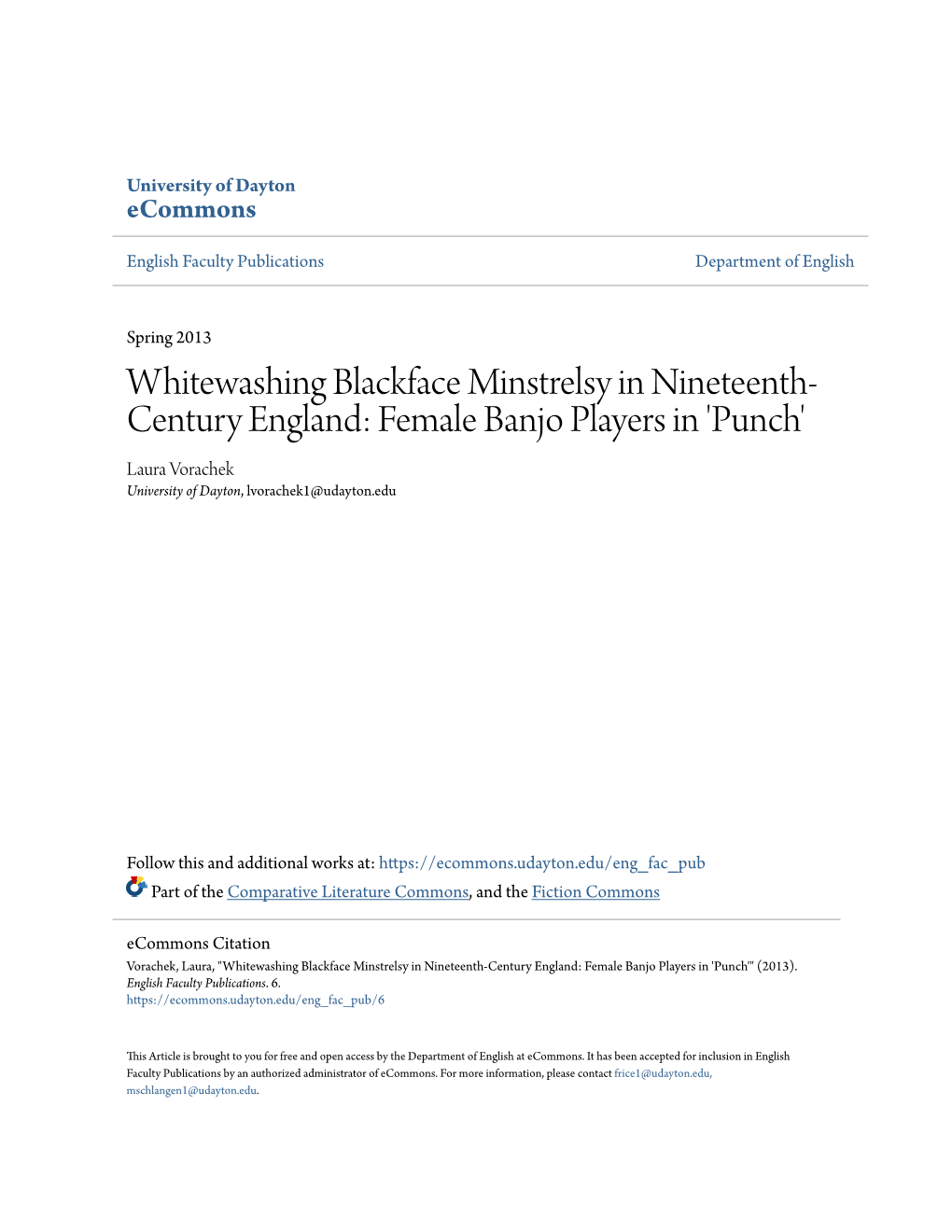 Whitewashing Blackface Minstrelsy in Nineteenth-Century England: Female Banjo Players in 'Punch'" (2013)