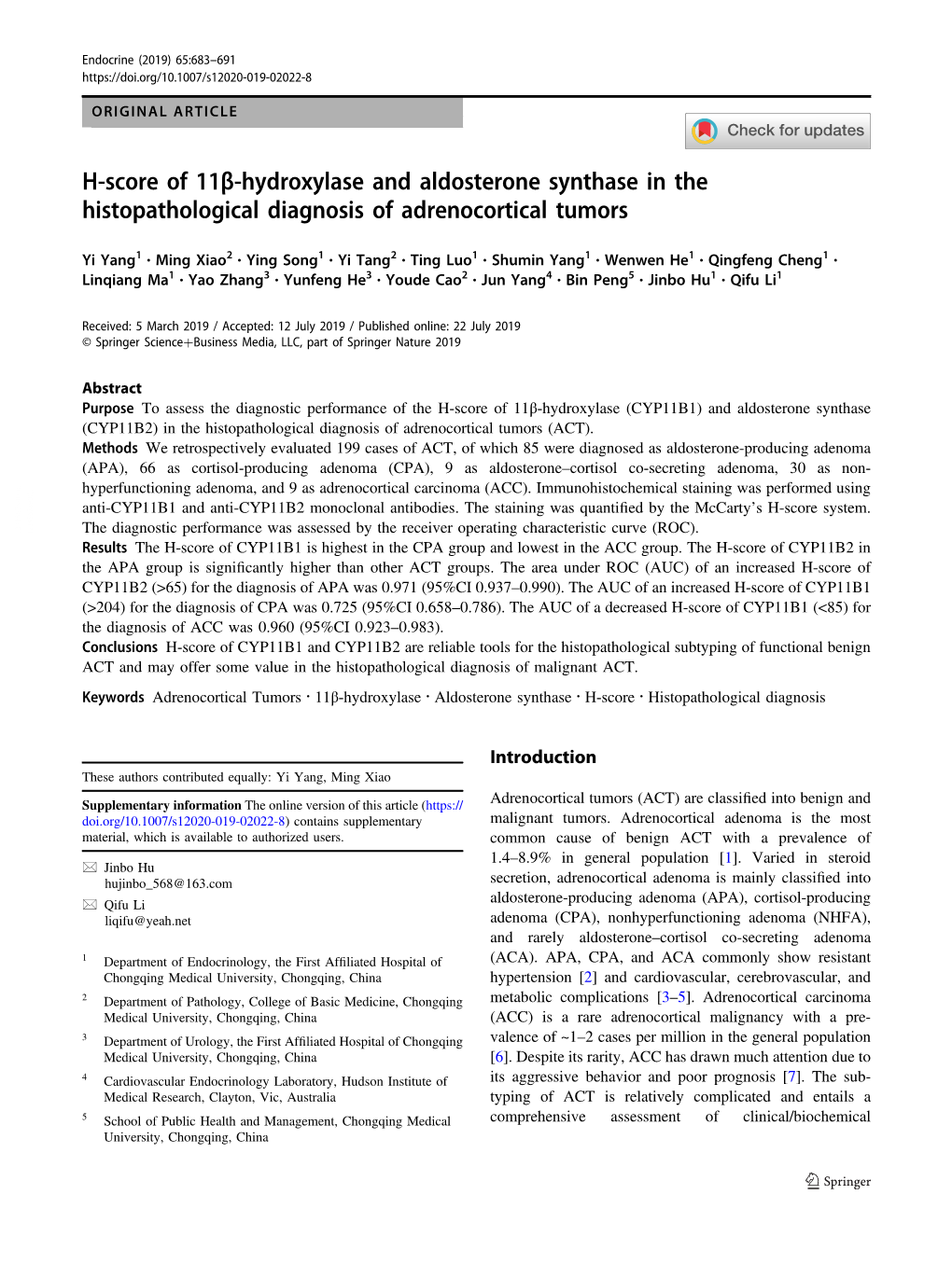 H-Score of 11Β-Hydroxylase and Aldosterone Synthase in the Histopathological Diagnosis of Adrenocortical Tumors