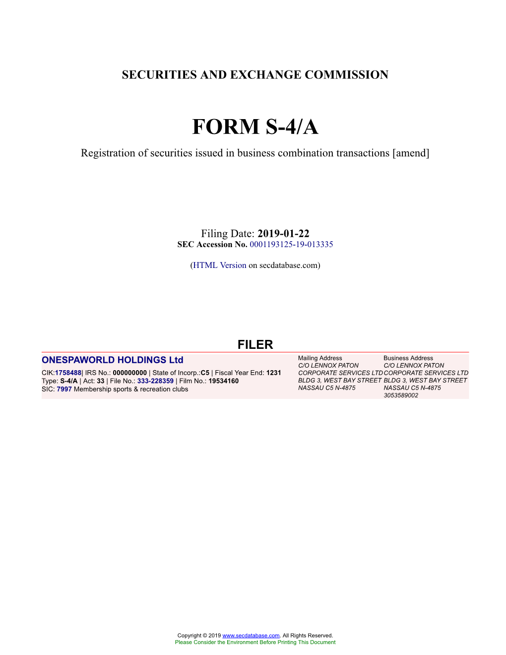 ONESPAWORLD HOLDINGS Ltd Form S-4/A Filed 2019-01-22