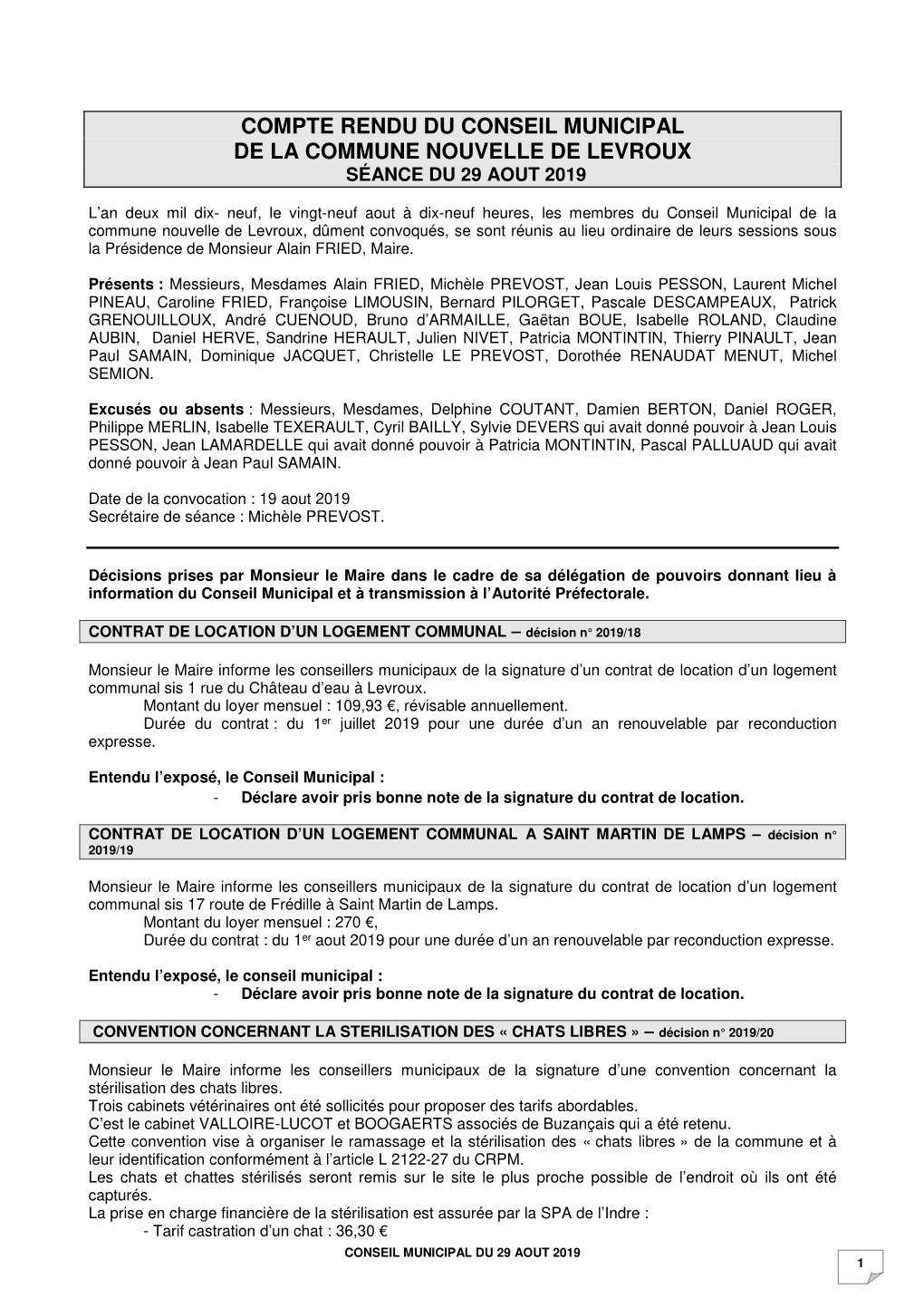 Compte Rendu Du Conseil Municipal De La Commune Nouvelle De Levroux Séance Du 29 Aout 2019