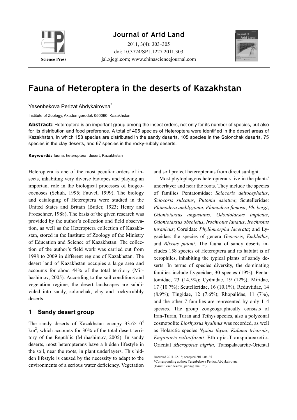 Fauna of Heteroptera in the Deserts of Kazakhstan