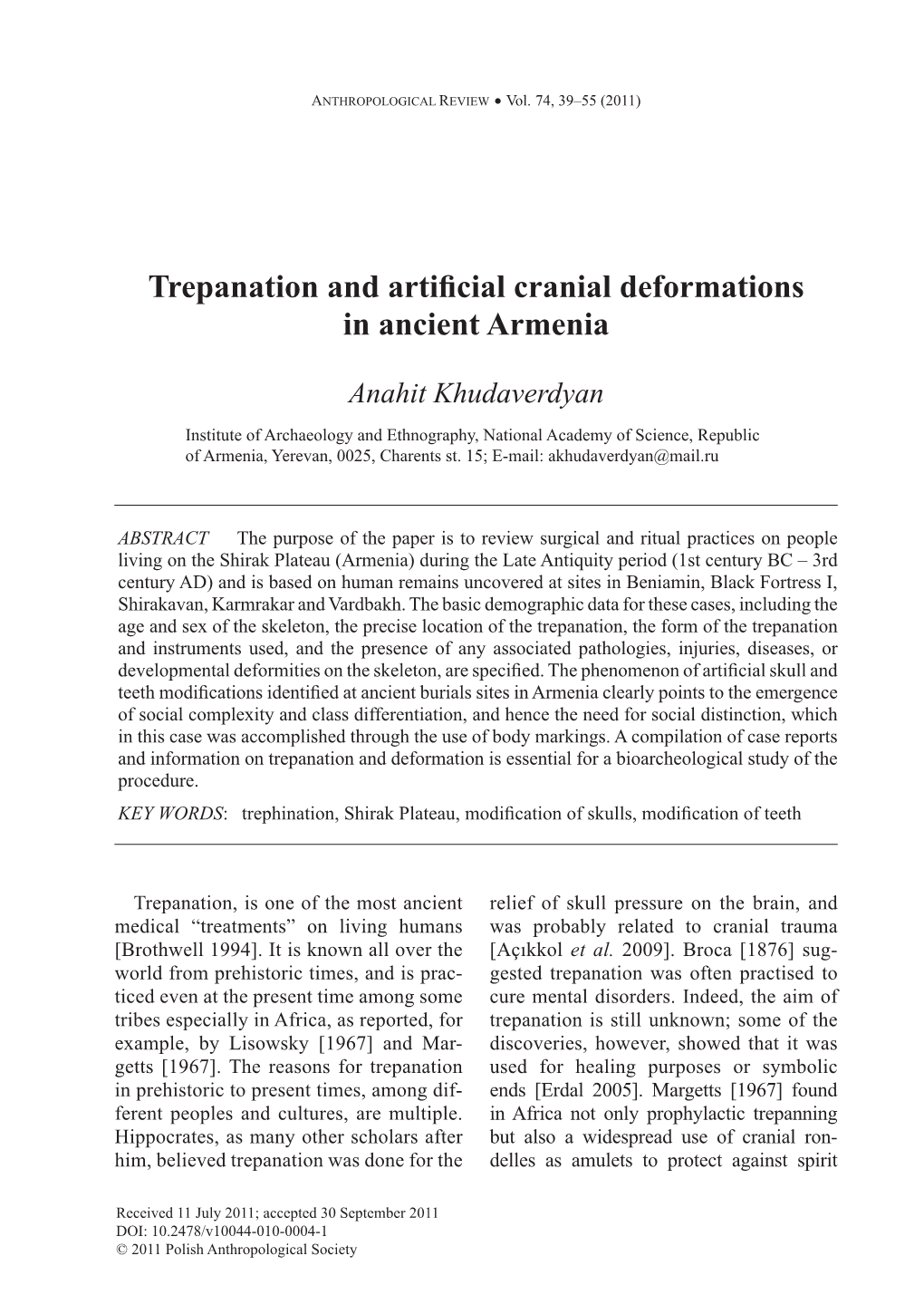 Trepanation and Artificial Cranial Deformations in Ancient Armenia