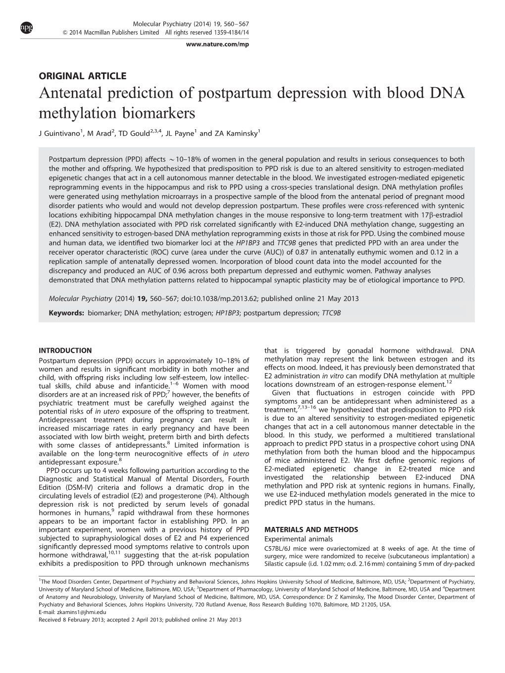Antenatal Prediction of Postpartum Depression with Blood DNA Methylation Biomarkers