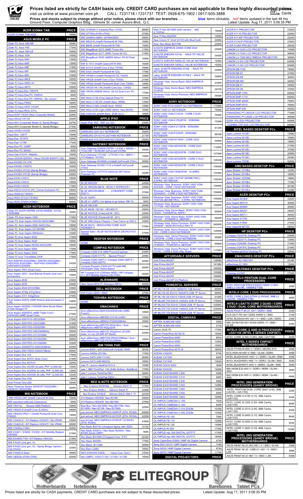 Prices Listed Are Strictly for CASH Basis Only