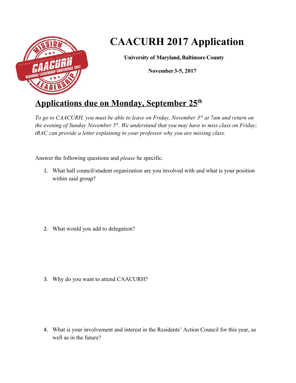 CAACURH 2017 Application