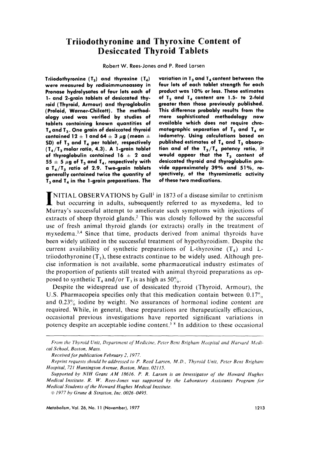 Triiodothyronine and Thyroxine Content of Desiccated Thyroid Tablets