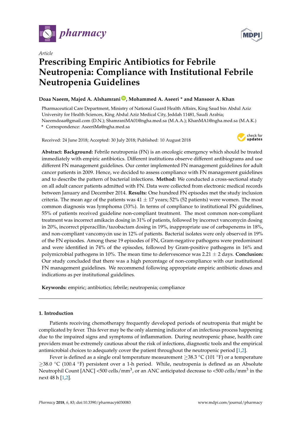 Compliance with Institutional Febrile Neutropenia Guidelines