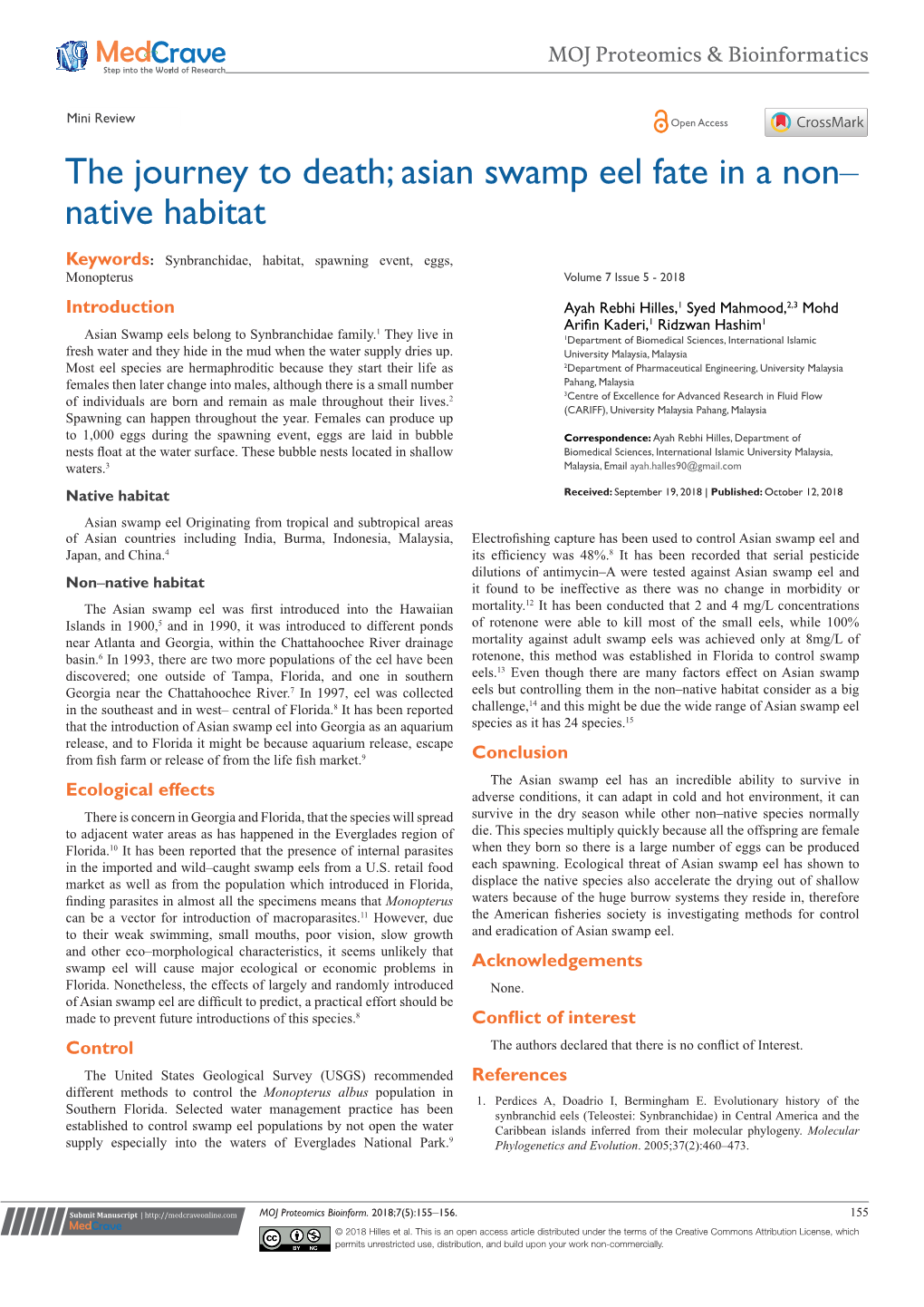 Asian Swamp Eel Fate in a Non‒Native Habitat ©2018 Hilles Et Al
