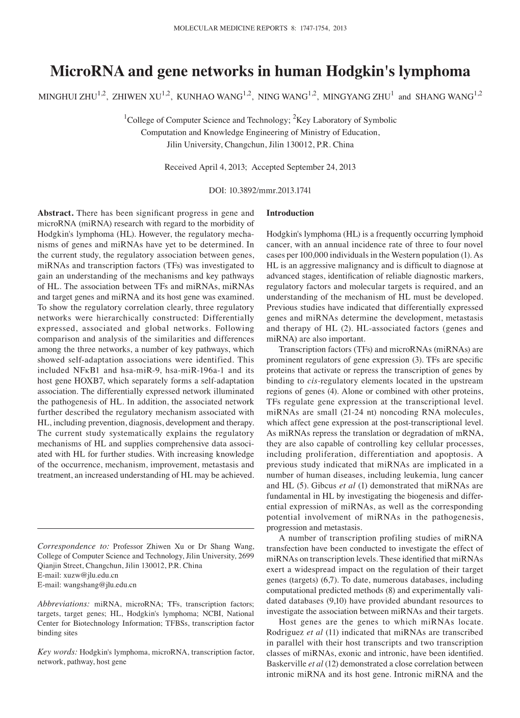 Microrna and Gene Networks in Human Hodgkin's Lymphoma