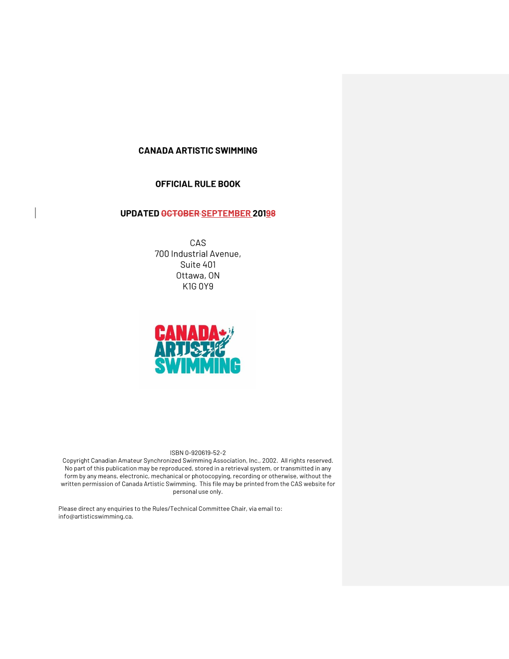2019-2020 Canada Artistic Swimming Rulebook
