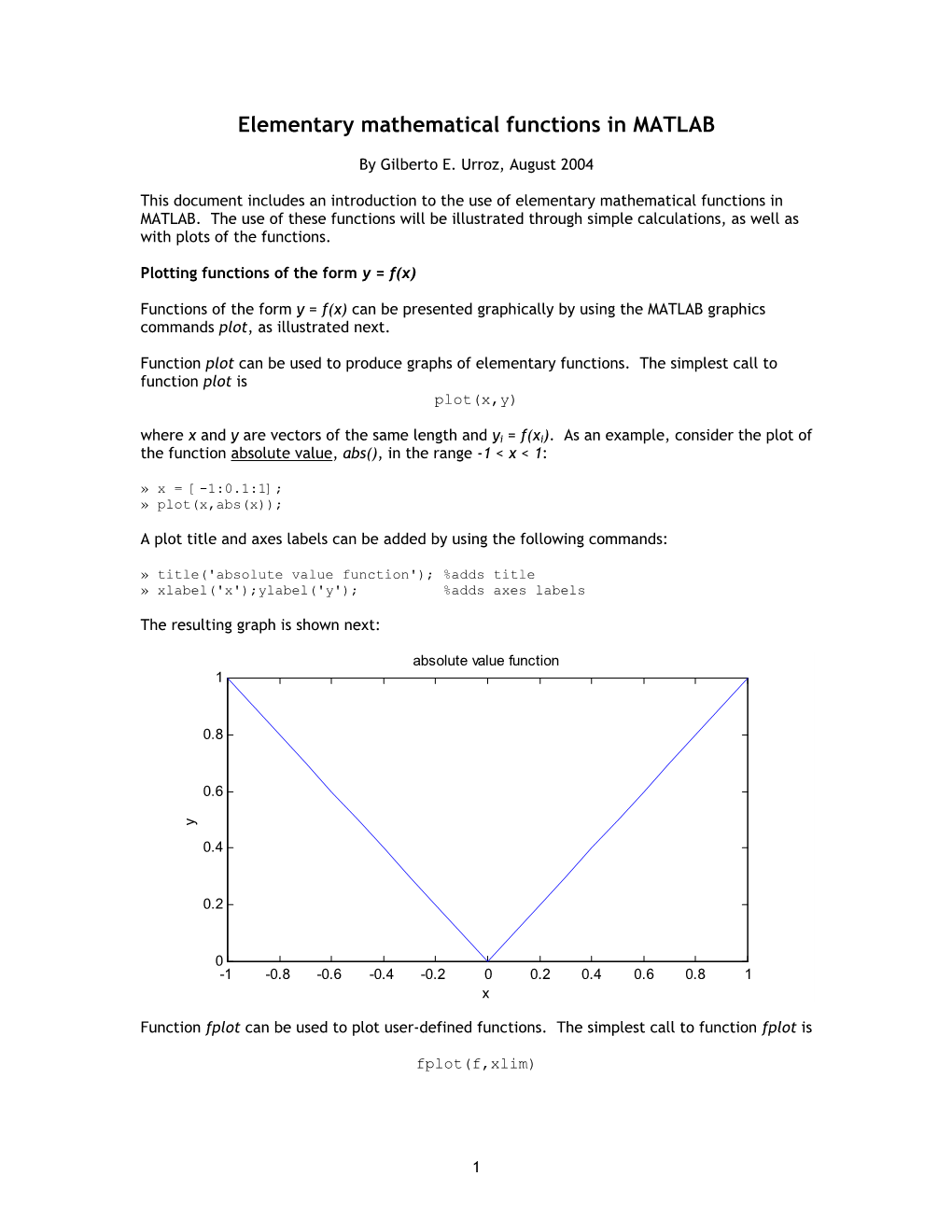 Elementary Mathematical Functions in MATLAB