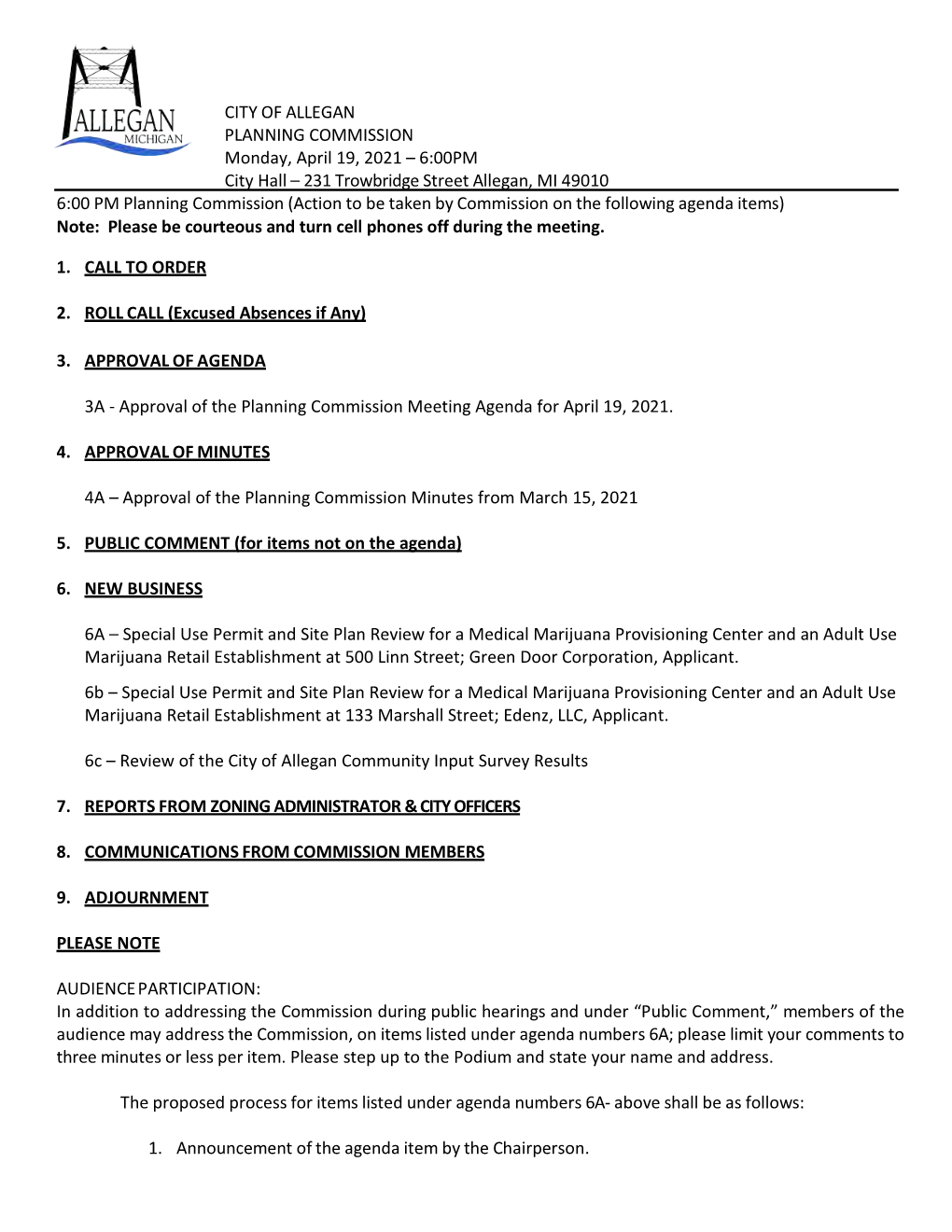 Allegan Ity Planning Commission Agenda