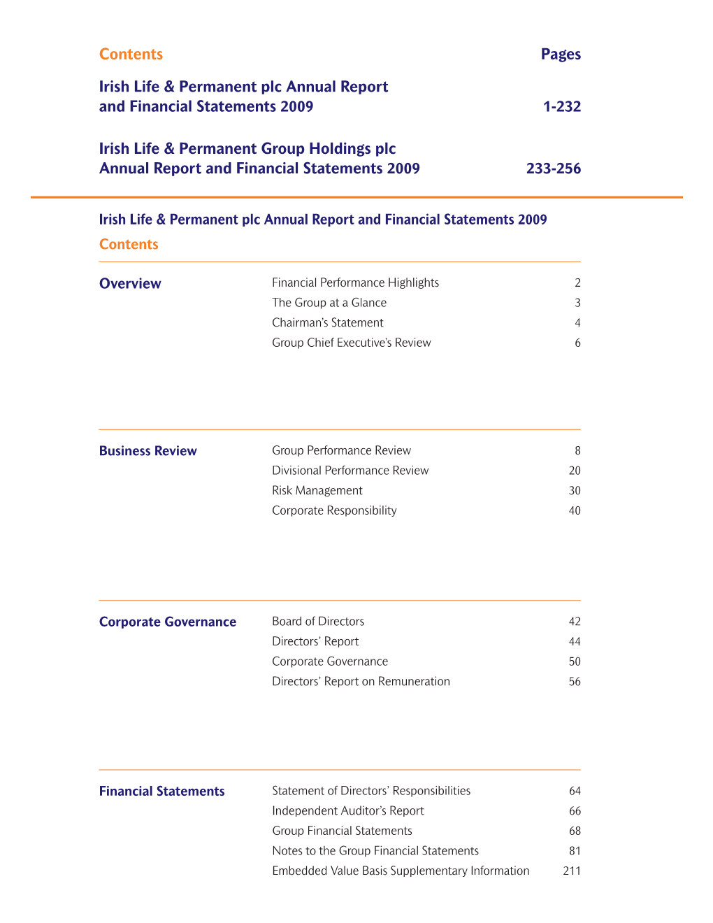 Contents Pages Irish Life & Permanent Plc Annual Report and Financial Statements 2009 1-232 Irish Life & Permanent Grou