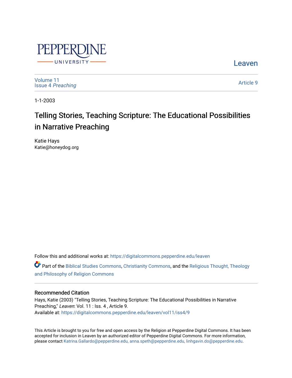 Telling Stories, Teaching Scripture: the Educational Possibilities in Narrative Preaching