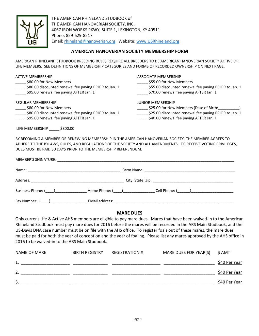 American Hanoverian Society Membership Form Mare Dues