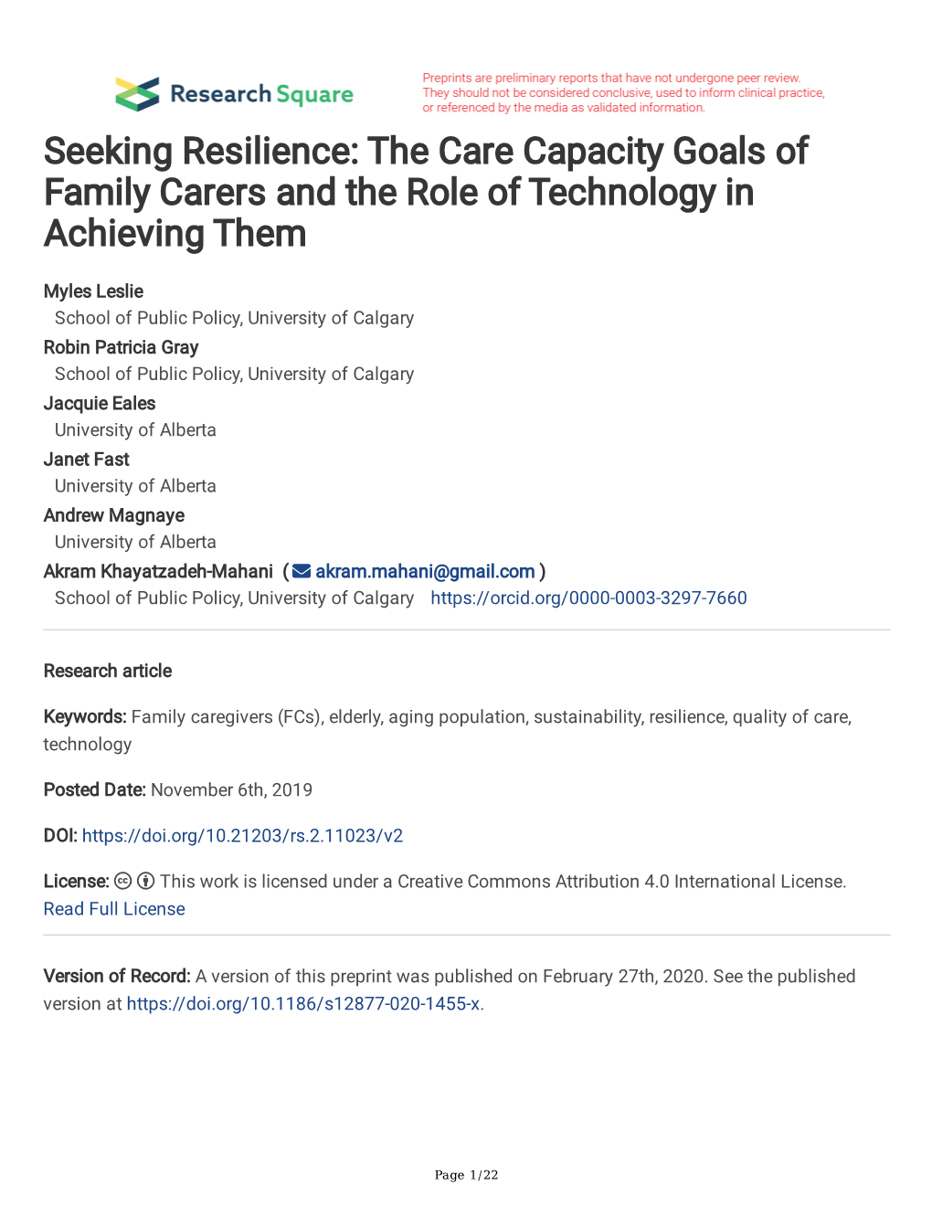Seeking Resilience: the Care Capacity Goals of Family Carers and the Role of Technology in Achieving Them