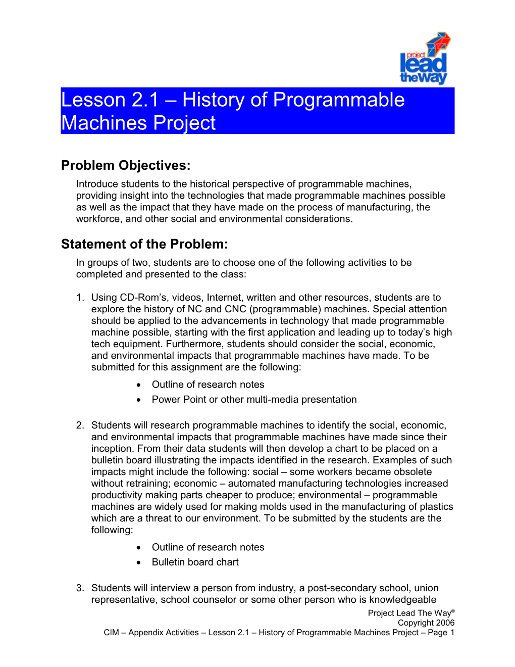 Lesson 2.1 History of Programmable Machines Project