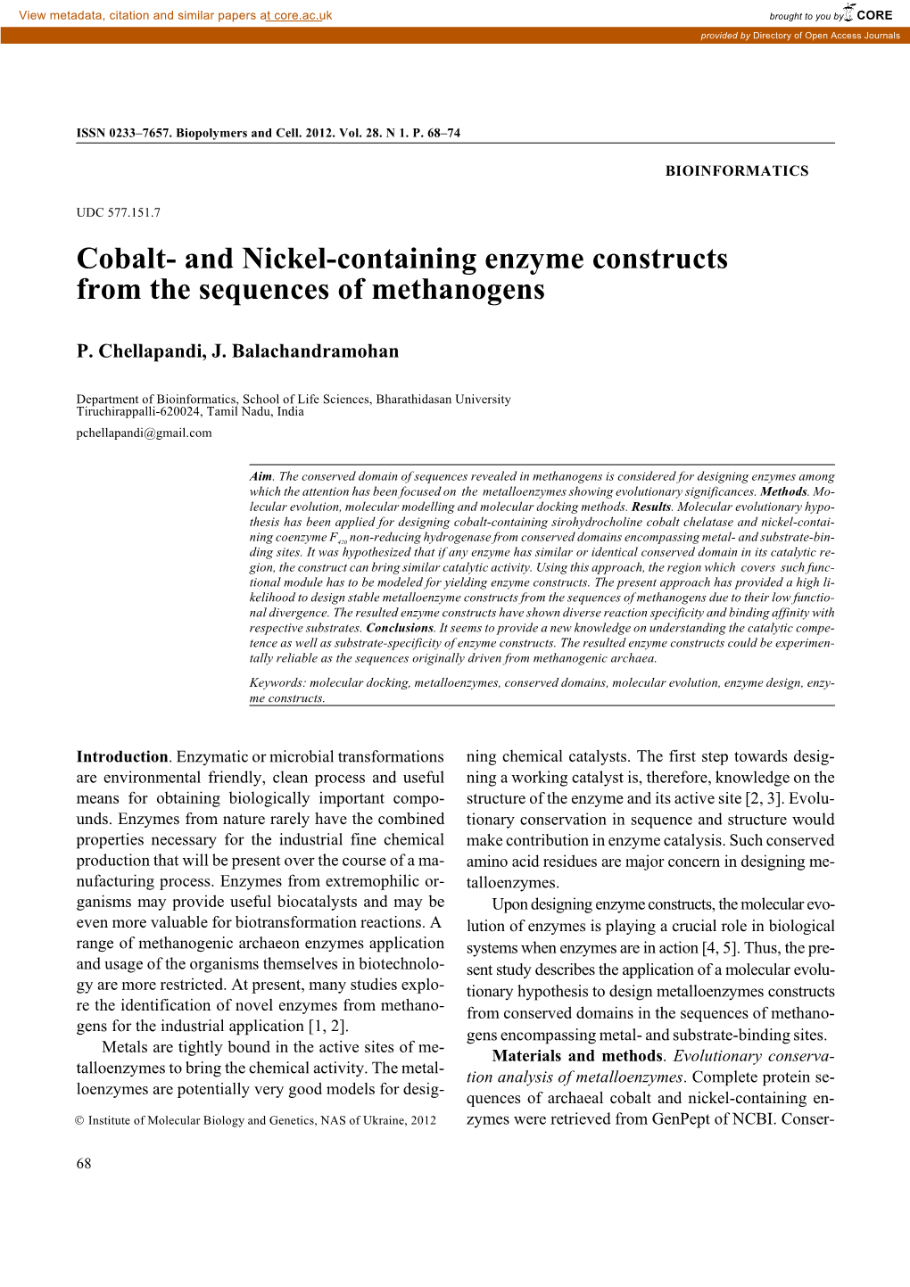 Cobalt- and Nickel-Containing Enzyme Constructs from the Sequences of Methanogens