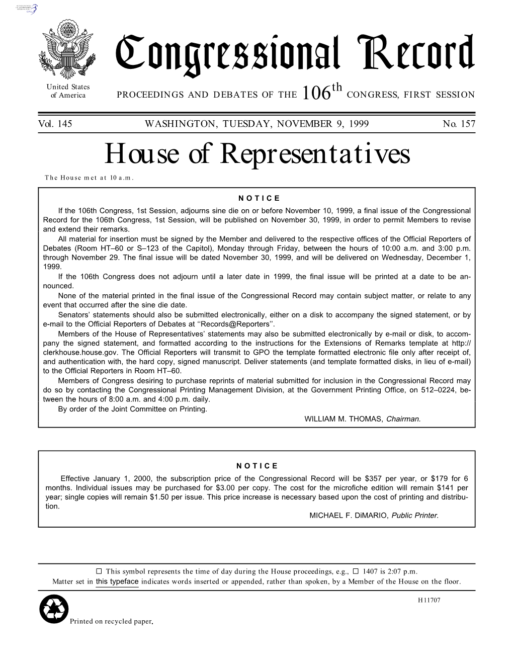 Congressional Record United States Th of America PROCEEDINGS and DEBATES of the 106 CONGRESS, FIRST SESSION