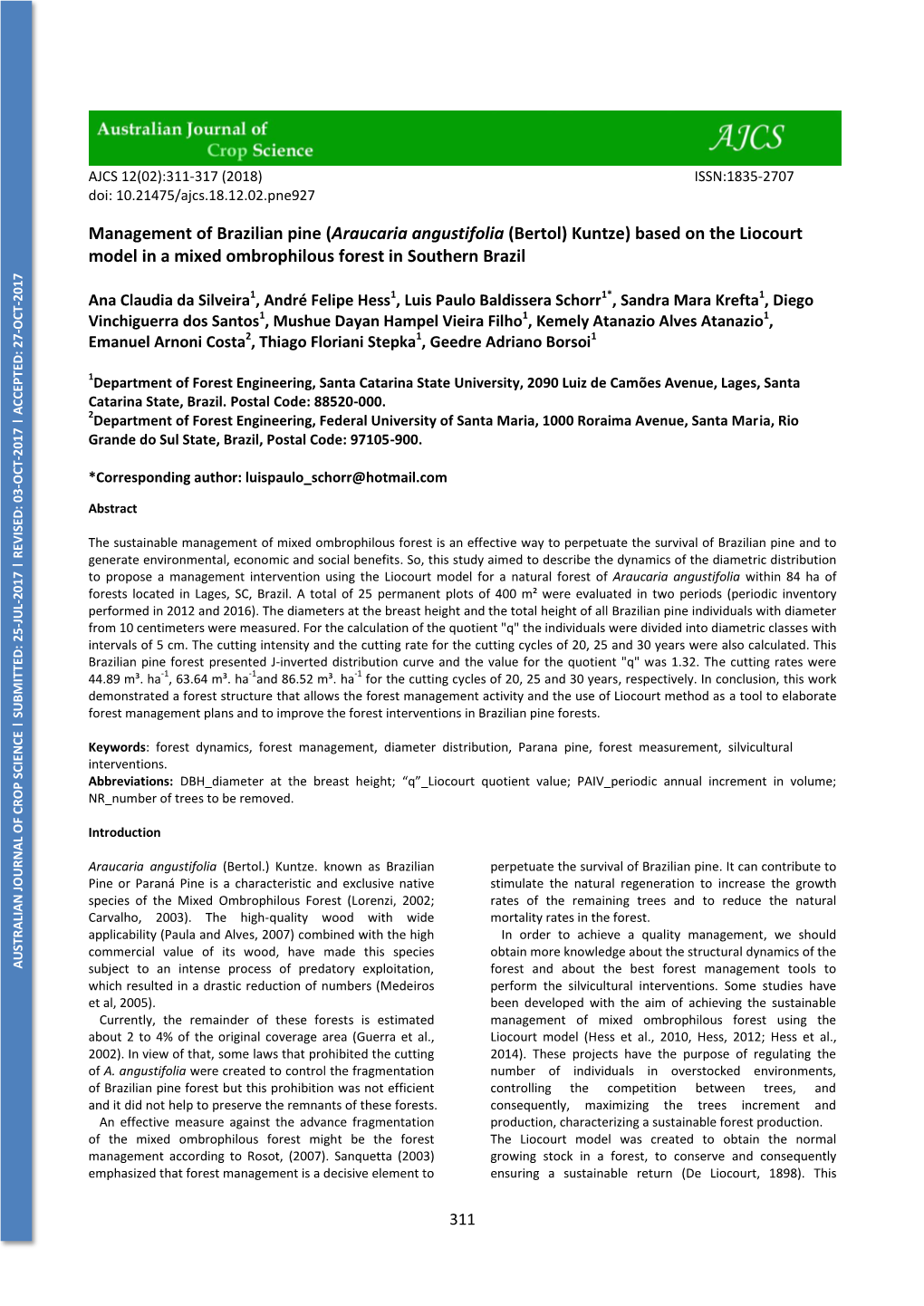 Management of Brazilian Pine (Araucaria Angustifolia (Bertol) Kuntze) Based on the Liocourt Model in a Mixed Ombrophilous Forest in Southern Brazil