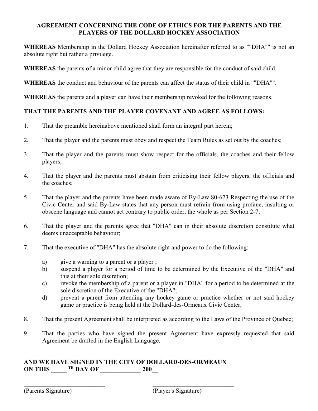 Agreement Concerning the Code of Ethics for the Parents and the Players of the Dollard