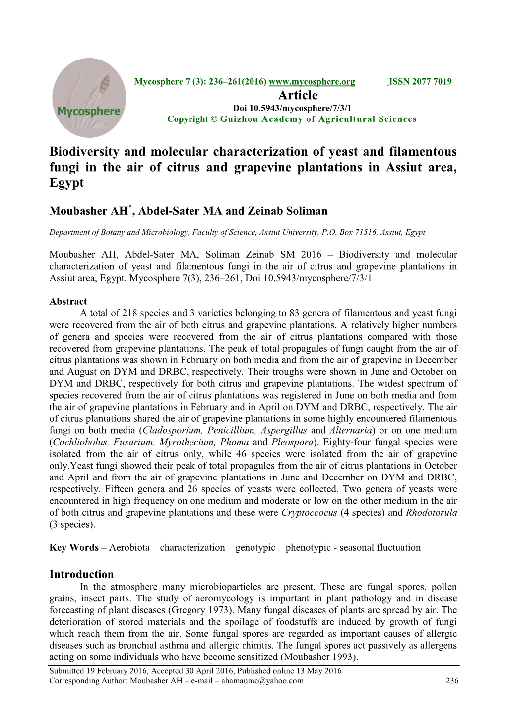 Biodiversity and Molecular Characterization of Yeast and Filamentous Fungi in the Air of Citrus and Grapevine Plantations in Assiut Area, Egypt