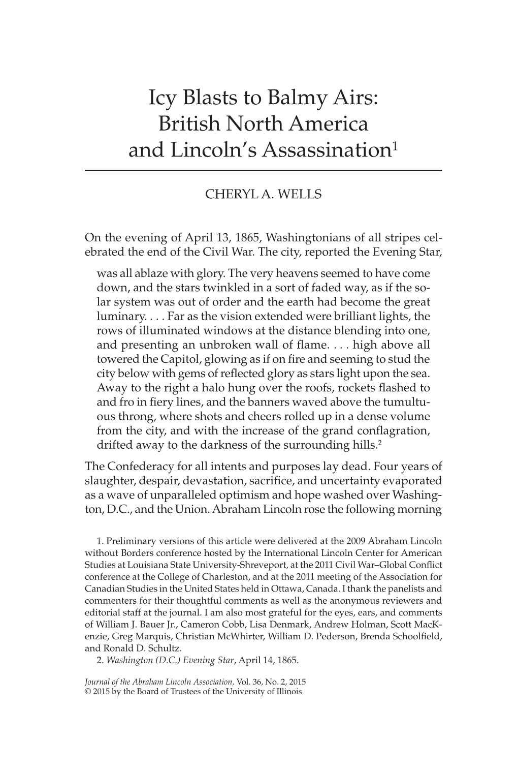 Icy Blasts to Balmy Airs: British North America and Lincoln’S Assassination1