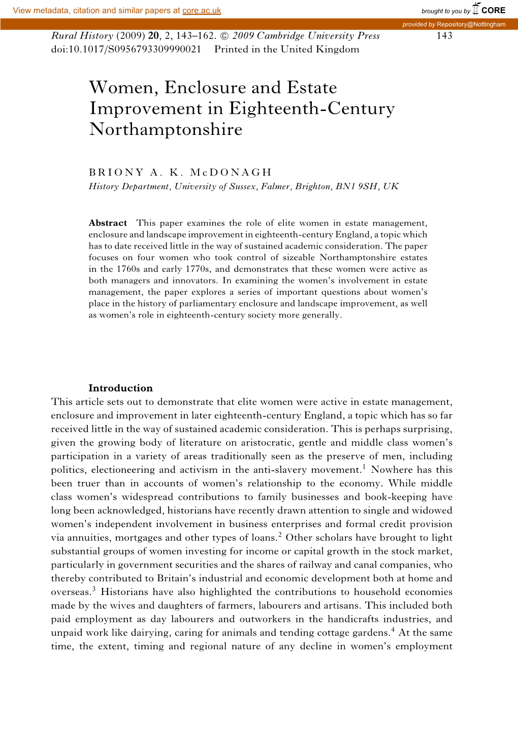Women, Enclosure and Estate Improvement in Eighteenth-Century Northamptonshire