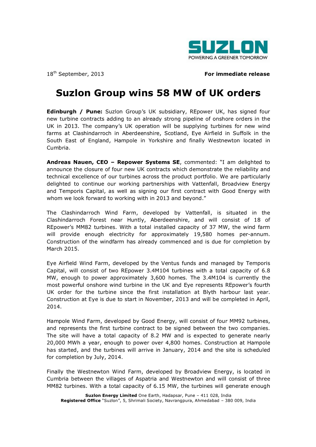 Suzlon Group Wins 58 MW of UK Orders