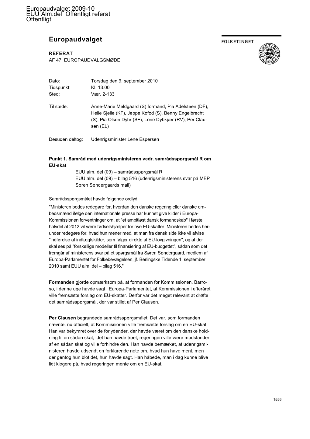 EUU Alm.Del Offentligt Referat : EUU Udvalgsmødereferat M 47, 9-9