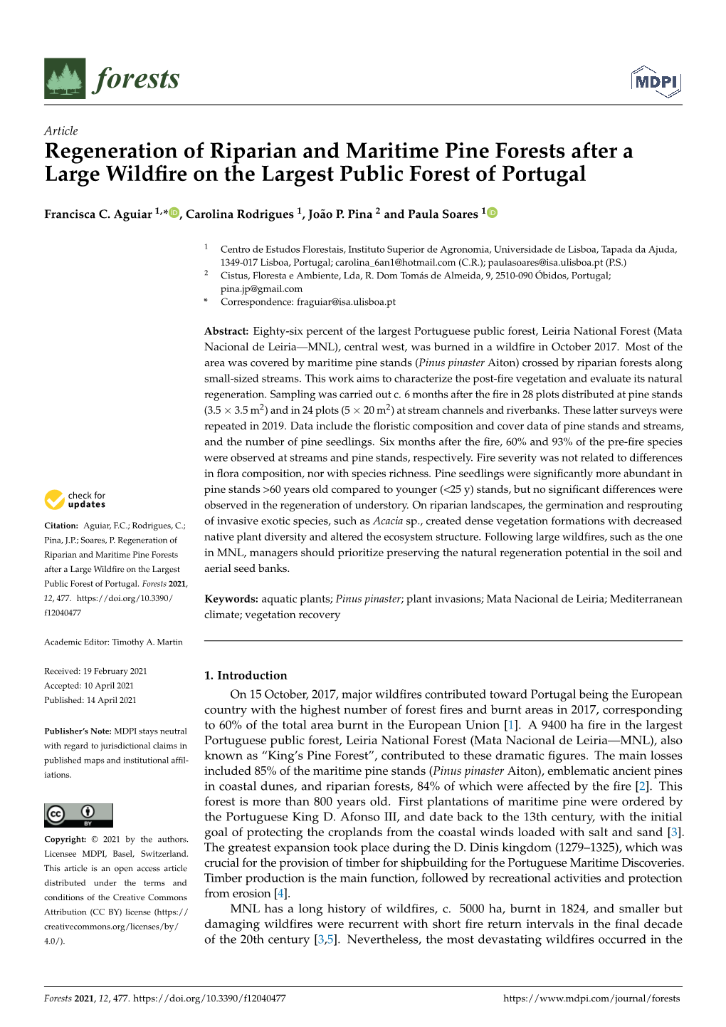 Regeneration of Riparian and Maritime Pine Forests After a Large Wildﬁre on the Largest Public Forest of Portugal