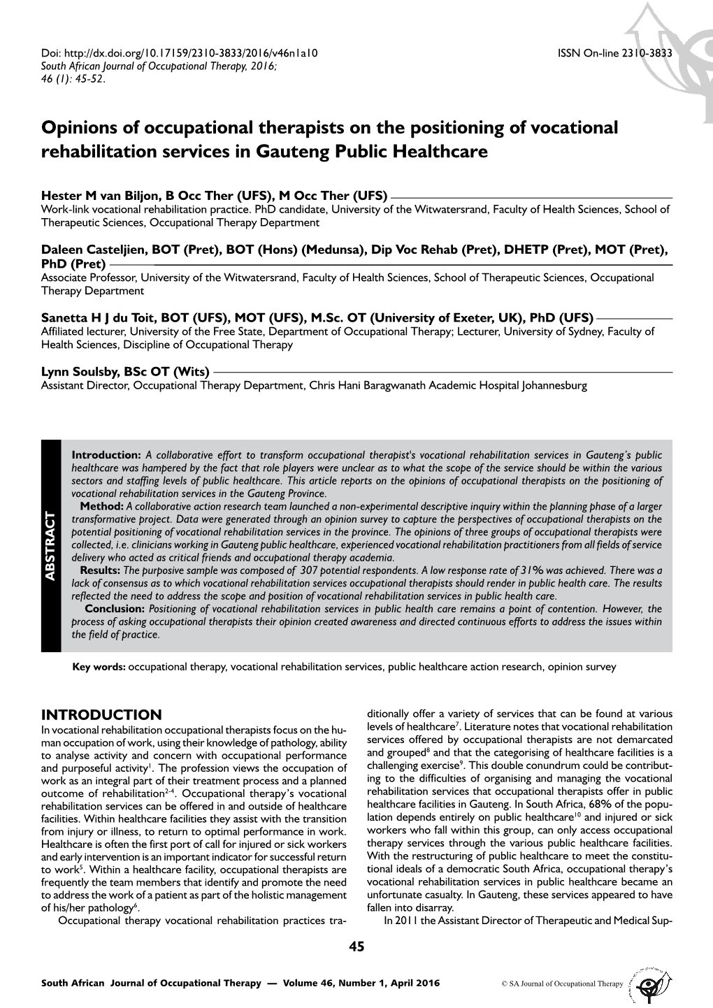 Opinions of Occupational Therapists on the Positioning of Vocational Rehabilitation Services in Gauteng Public Healthcare