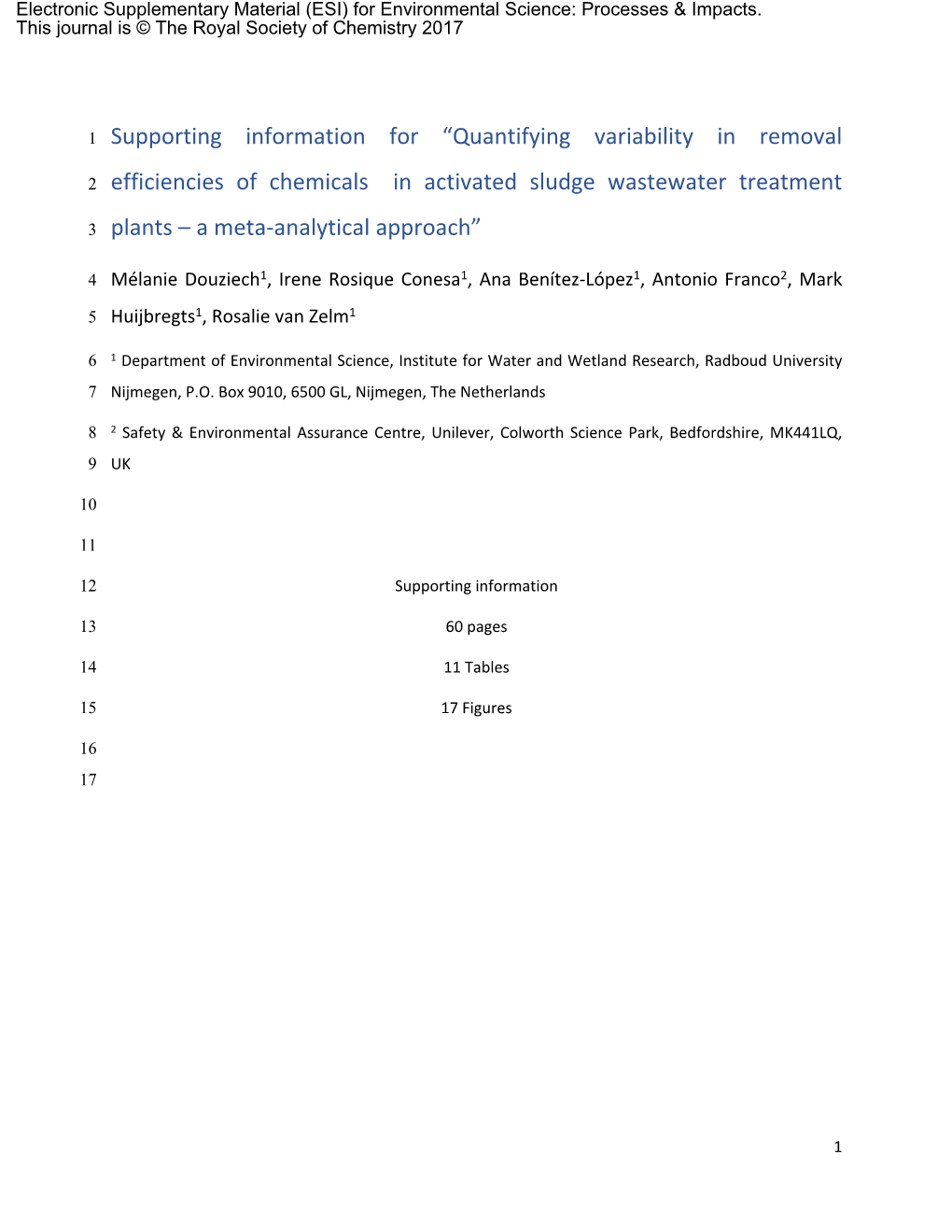 Quantifying Variability in Removal 2 Efficiencies of Chemicals In