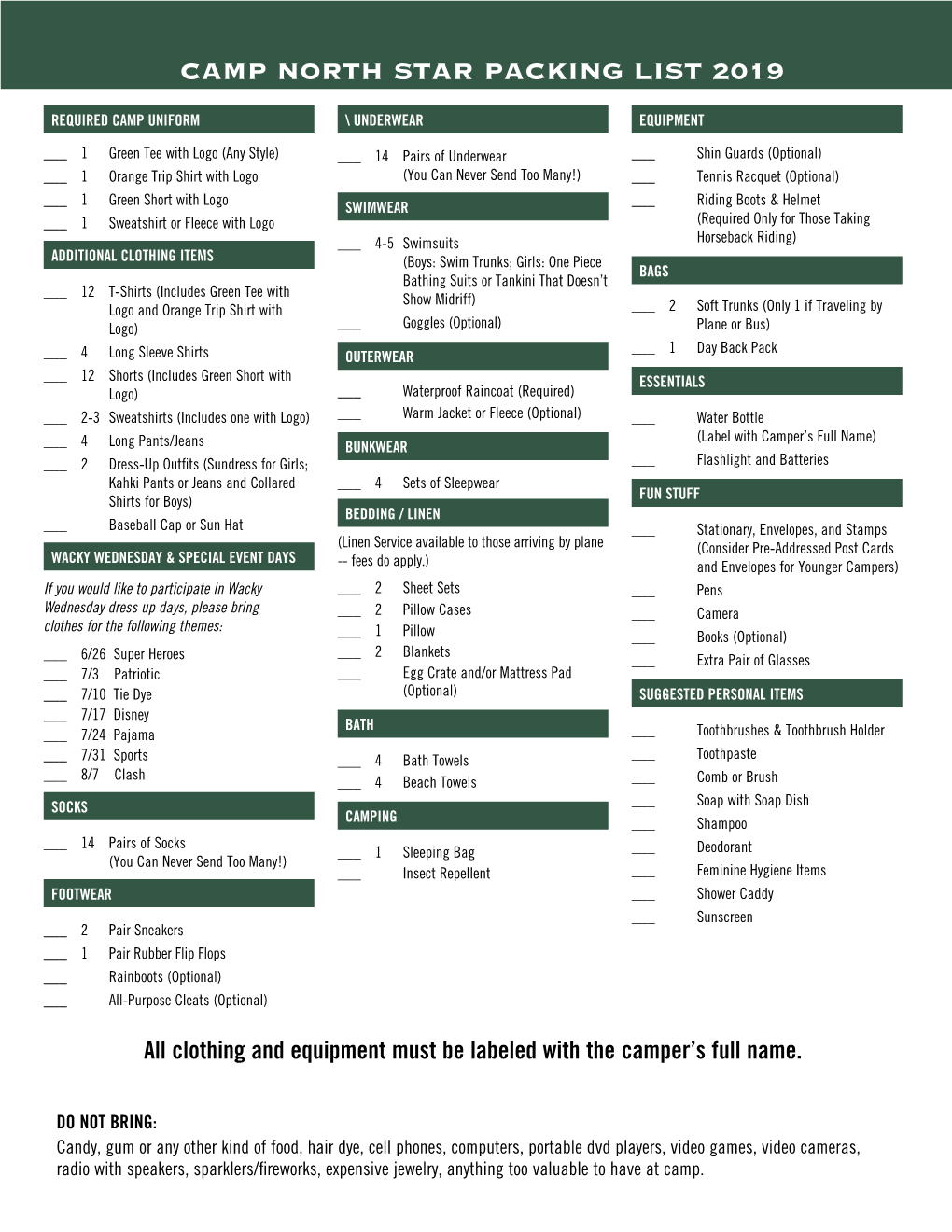 Camp North Star Packing List 2019