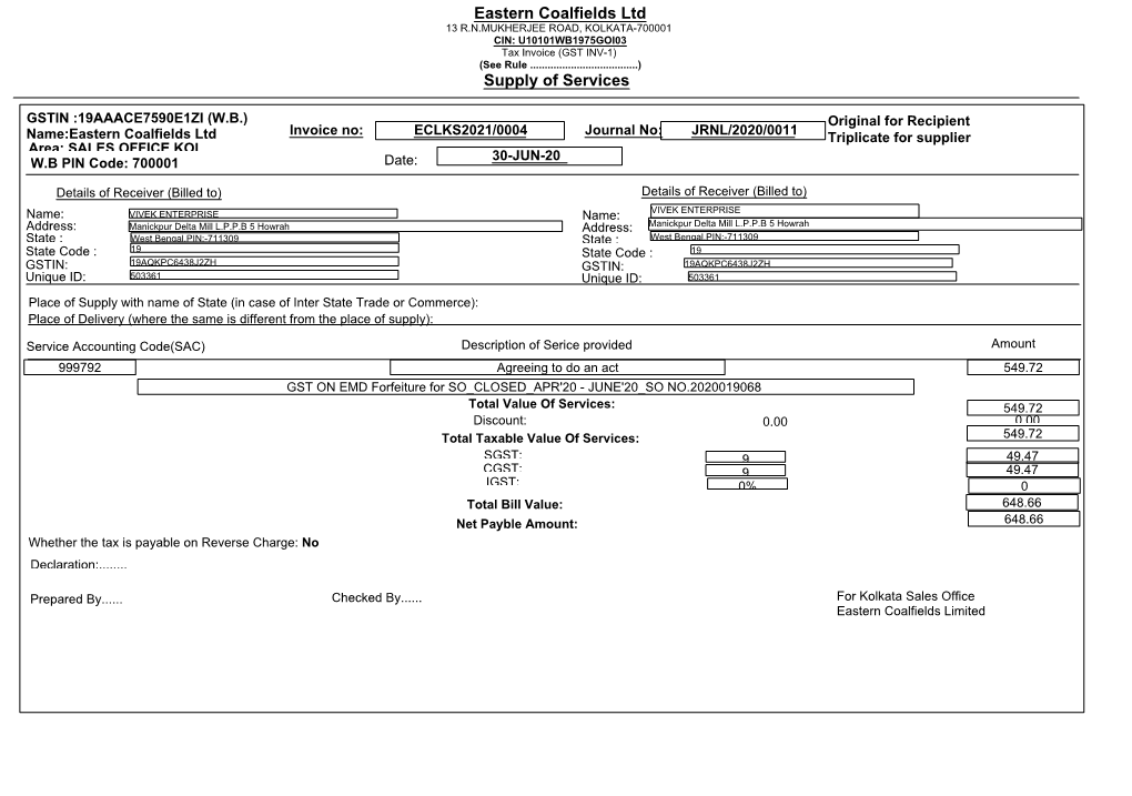 Eastern Coalfields Ltd Supply of Services